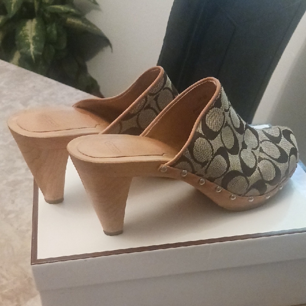 Coach Signature Canvas Clog Mules in Brown and Tan